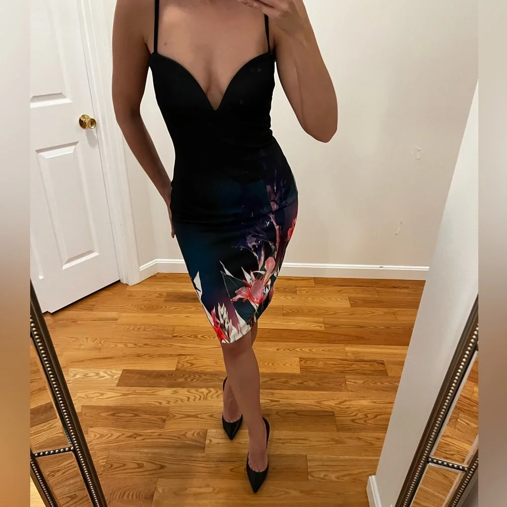 Bebe Black Floral Bodycon Dress | Deep V Neck Scuba Midi | Fitted - Picture 1 of 10